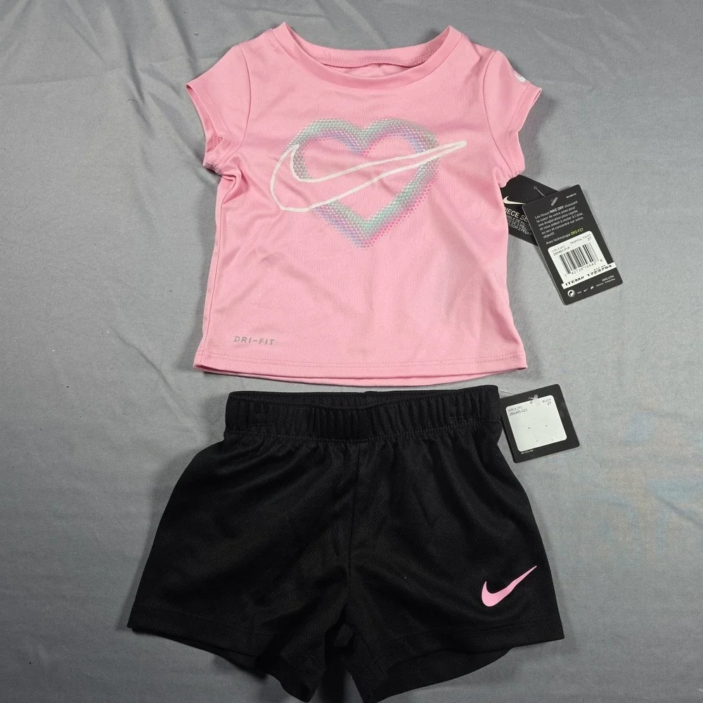 Nike Dri-Fit Little Girl's  2-Piece Graphic Tee & Short Set Pink Black 2T